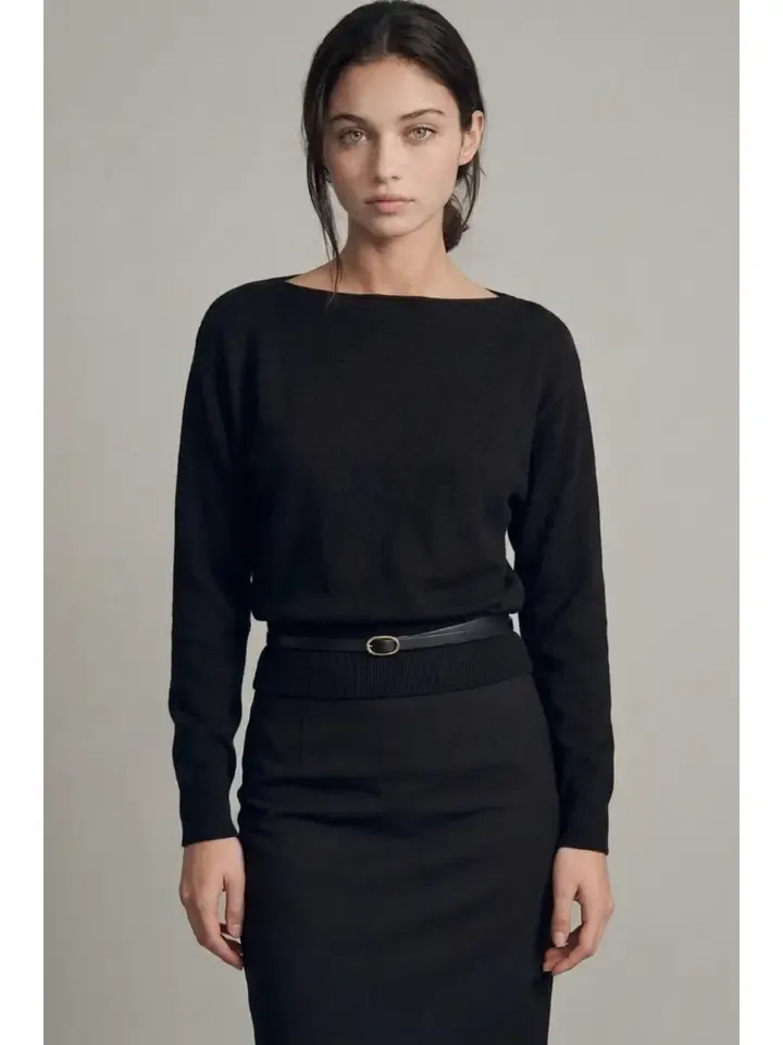 Boatneck Sweater w/ Belt, Color: Black, Size: S
