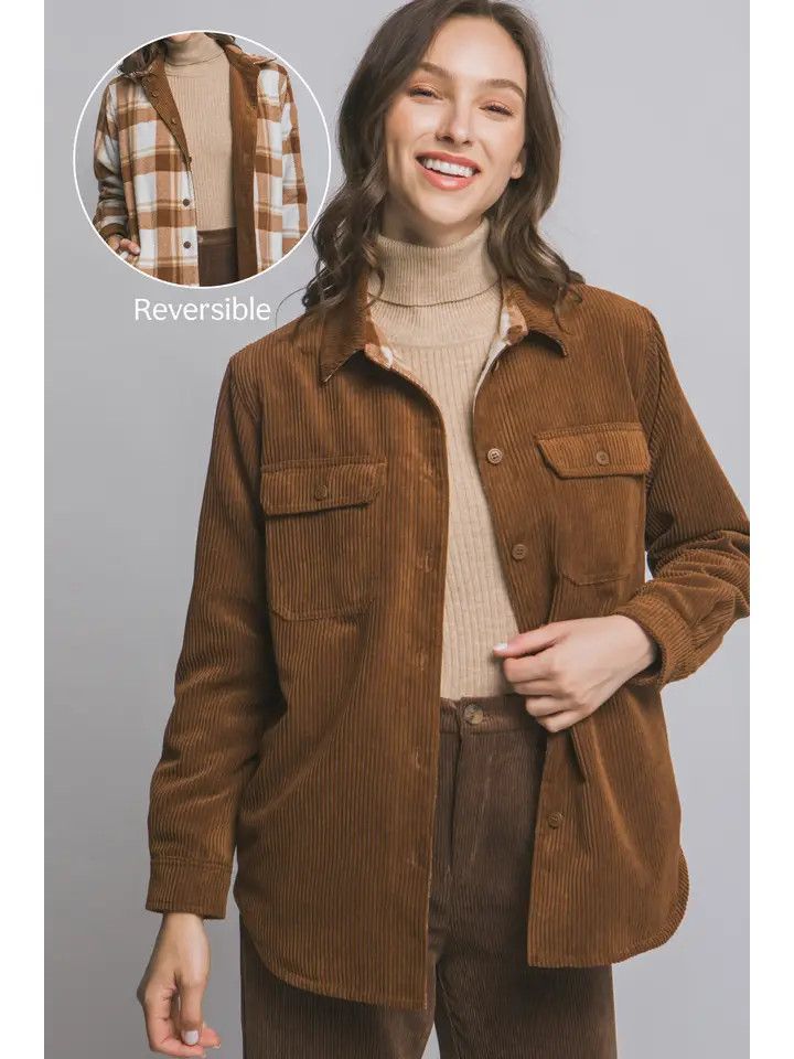 Corduroy Reversible Button Down Jacket, Brown