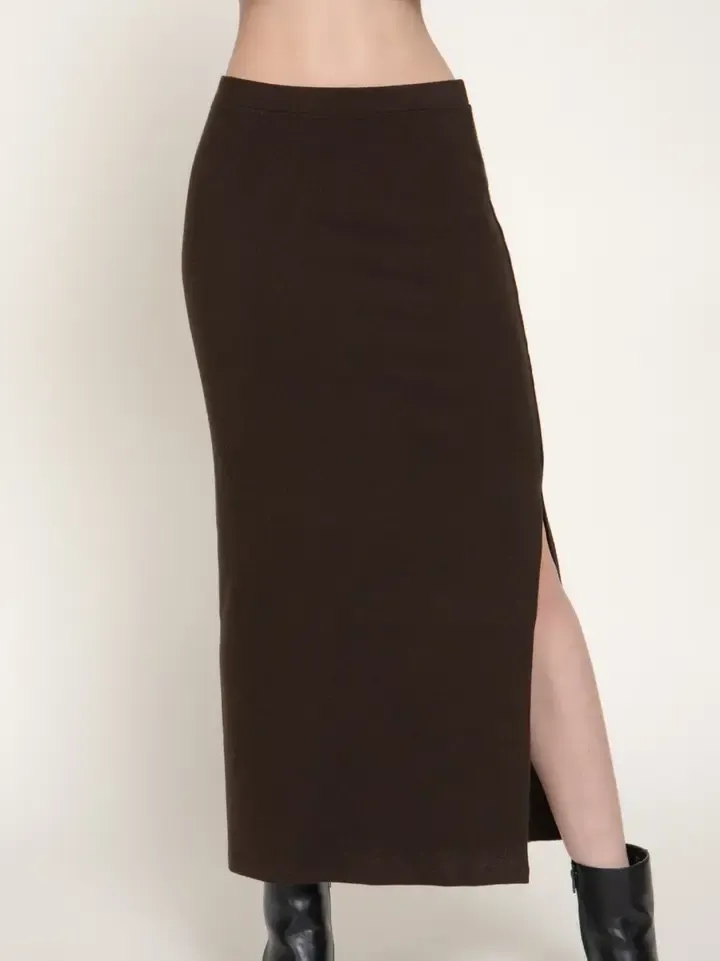 Brushed Knit Midi Skirt w/ Side Slit, Color: Black, Size: S