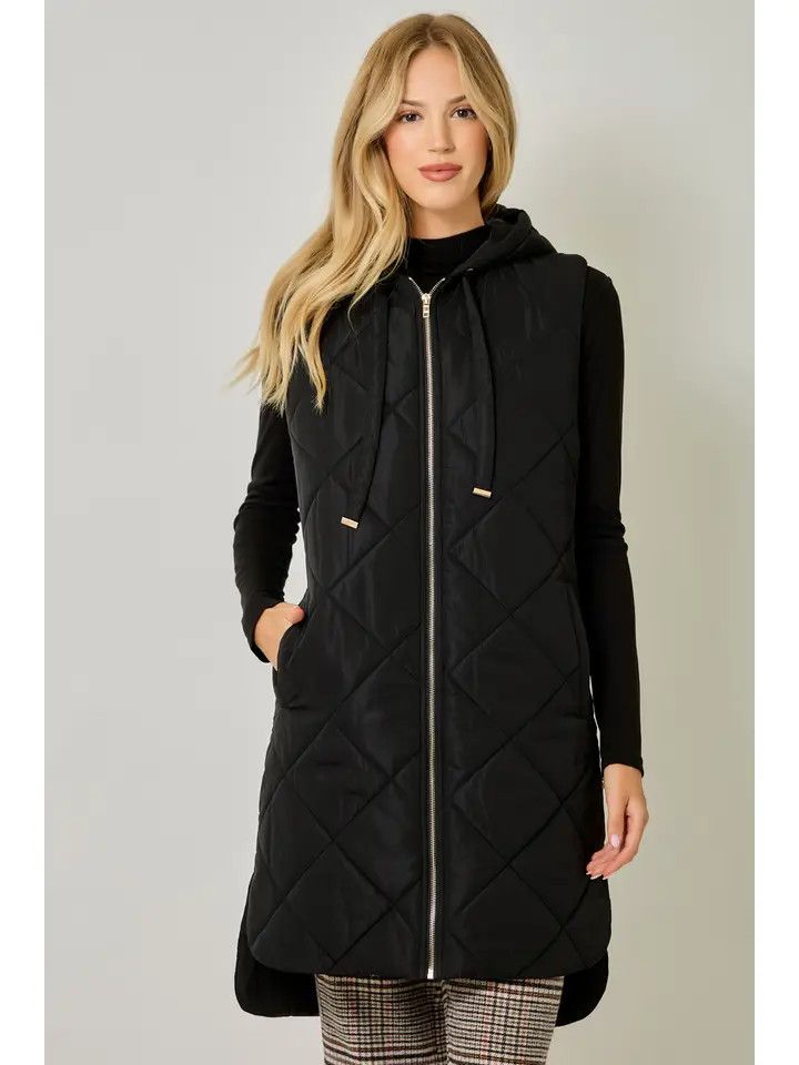 Quilted Puffer Long Hoodie Vest, Black