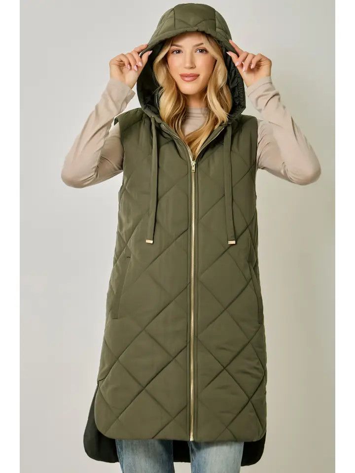Quilted Puffer Long Hoodie Vest, Olive