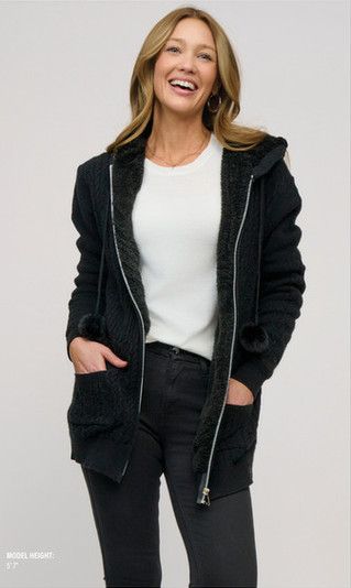 Chloe Cable Knit Zip Up Pom Hoodie , Black