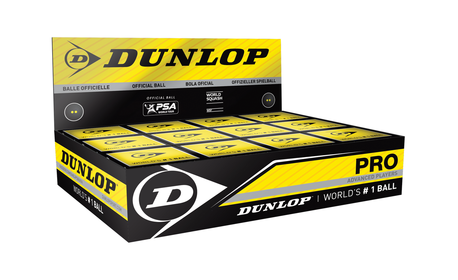 Dunlop Pro Squash Ball Double Yellow Dot Dozen
