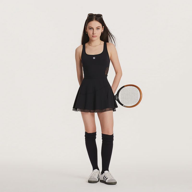 Tenez Lace Trimmed Double Layer Black Dress