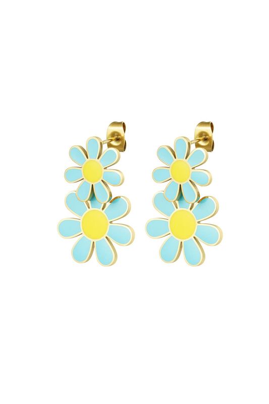 Oorbellen 2 bloemen Blue &amp; Gold Stainless Steel
