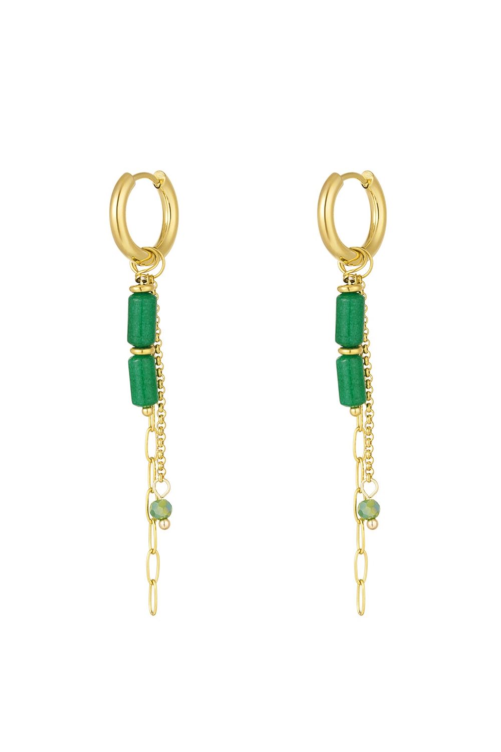 Oorbellen tube kralen met kettinkjes - goud/groen