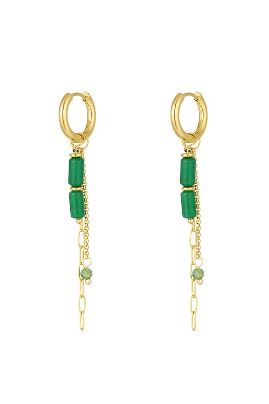 Oorbellen tube kralen met kettinkjes - goud/groen