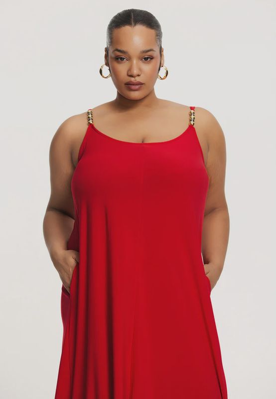 Dress long spaghetti band met kralen rood