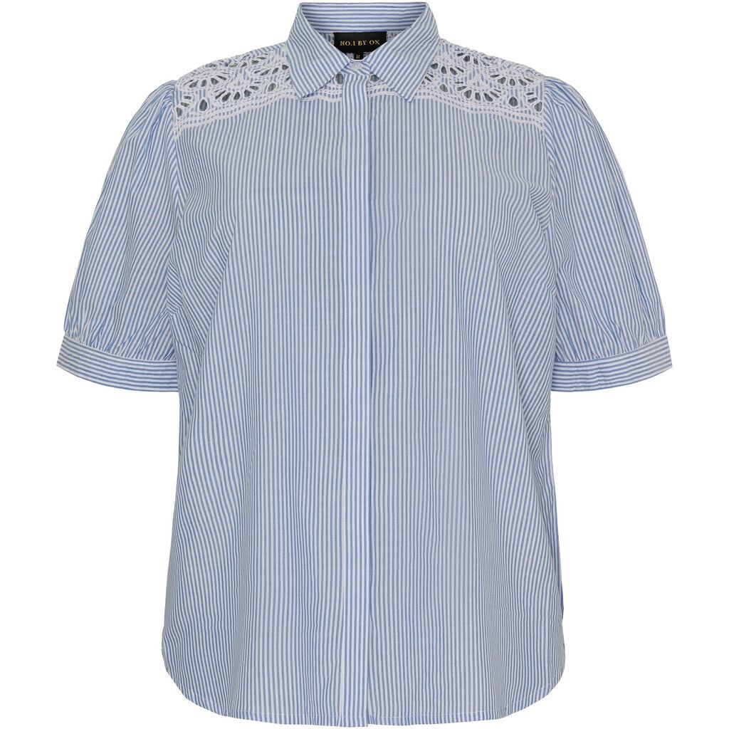 Shirt SS w lace White/Blue pinstripe