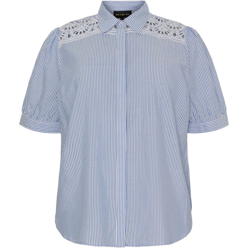 Shirt SS w lace White/Blue pinstripe