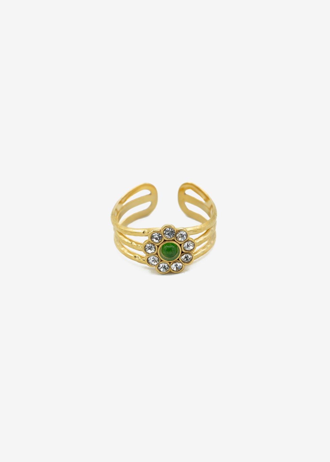 Gelaagde statement ring met bloem en glimmers