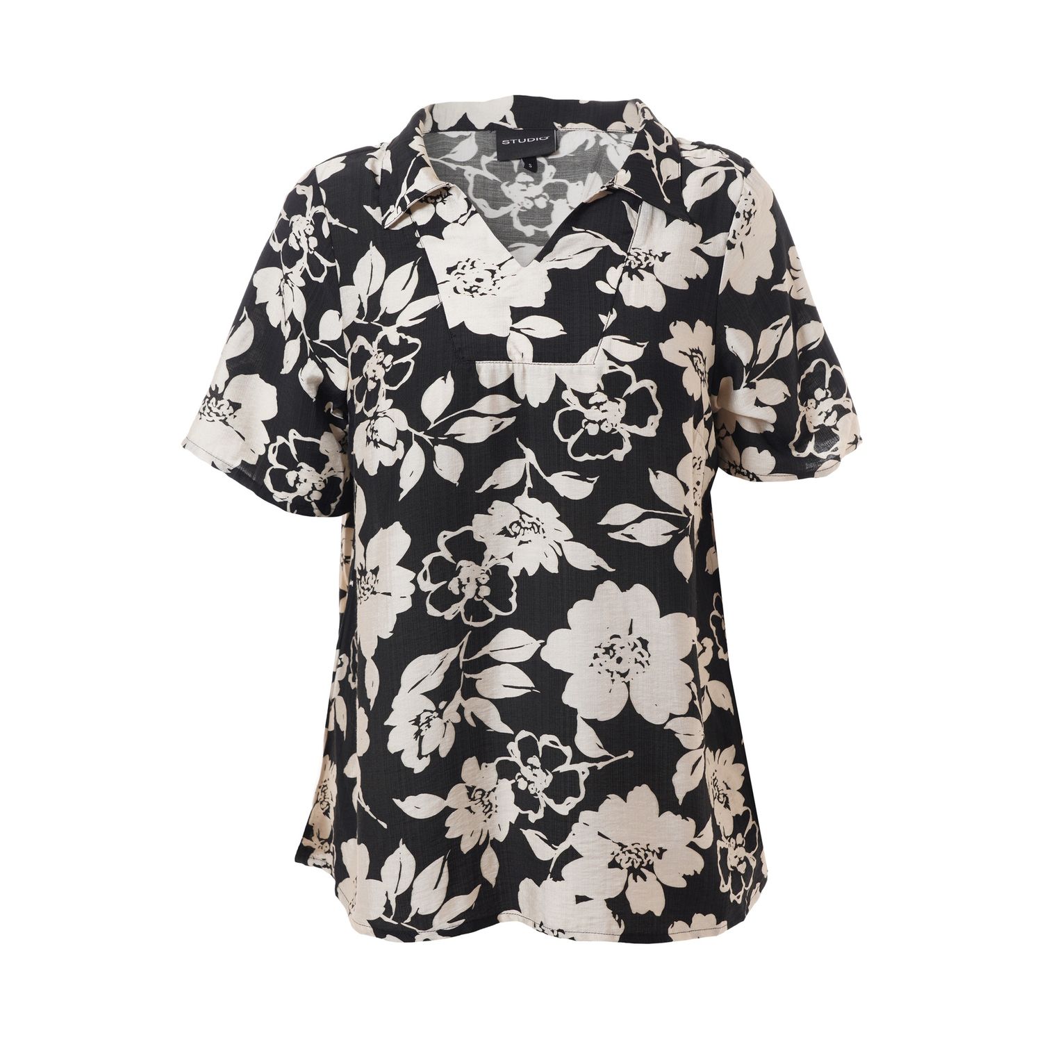 SLonny Blouse Black with offwhite flower