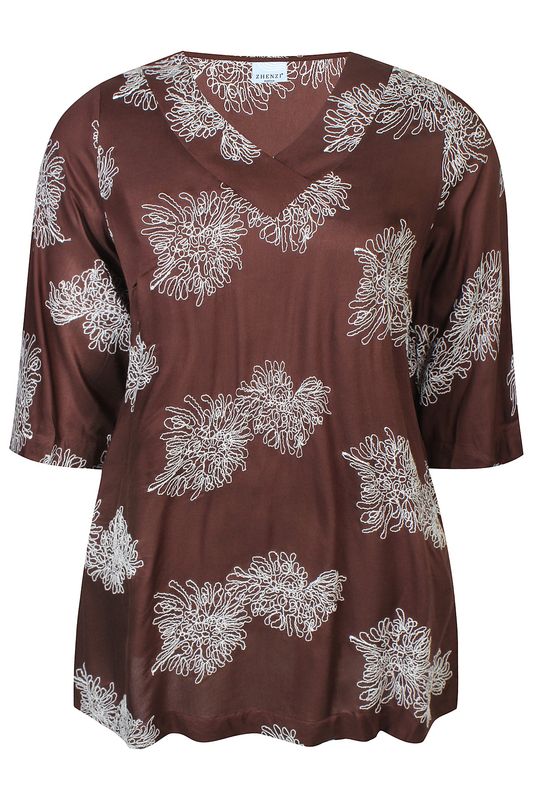 Perl tunic 941 bruin met wit borduur