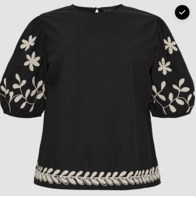 Blouse w flock embroidery and puff sleeves Black