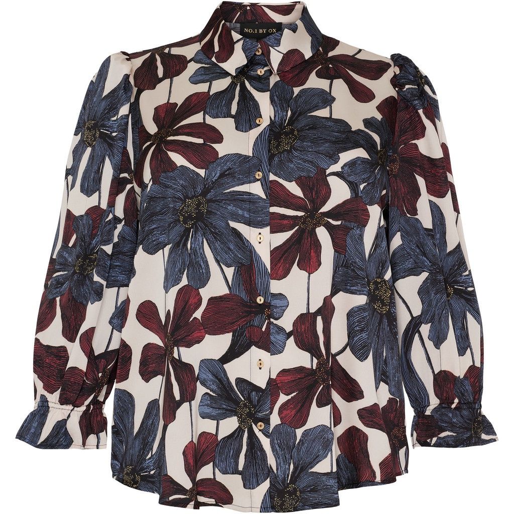 Shirt puff sleeves Cream White big Blue, Chocolate Flowers