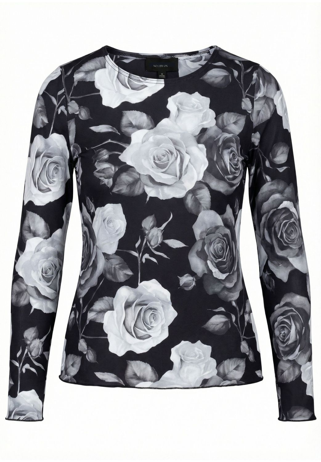 Mesh O neck Blouse LS Grey Black big Flowers