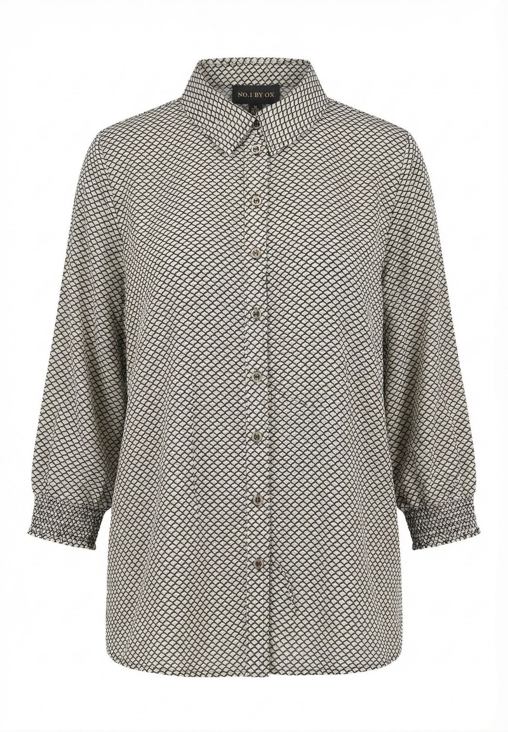 Long Shirt w 3/4 sleeves and smock cuffs Beige w Black Waves