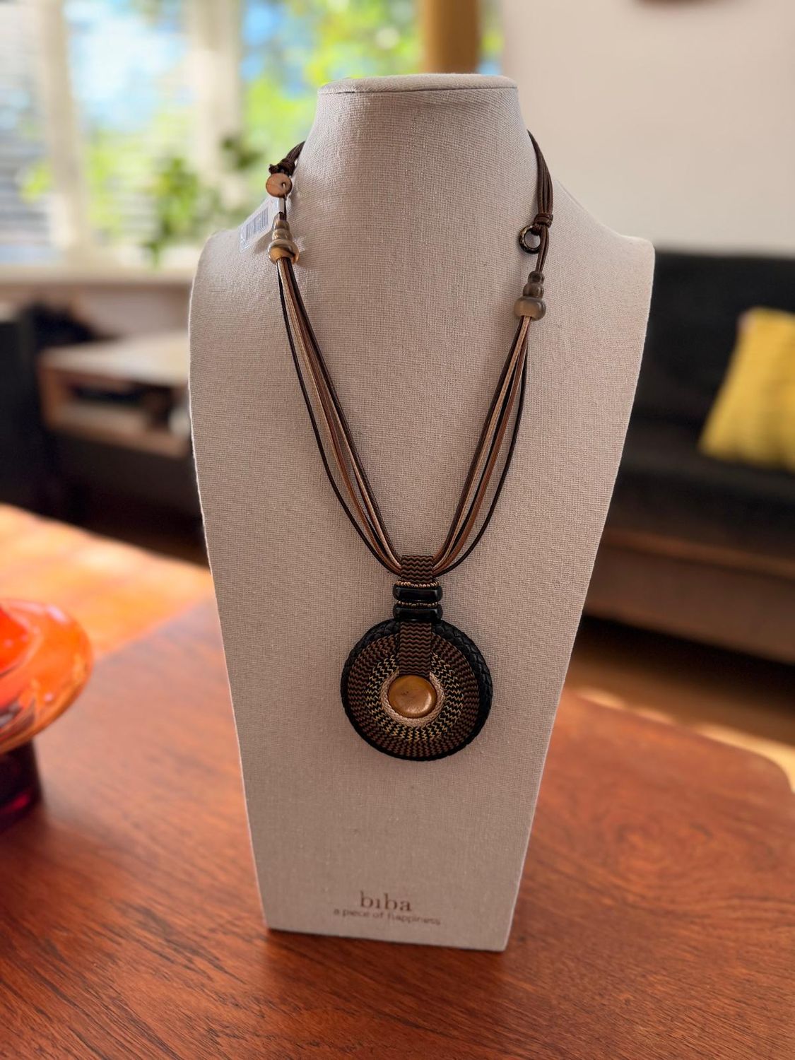 collier lang cirkel met touw bruin