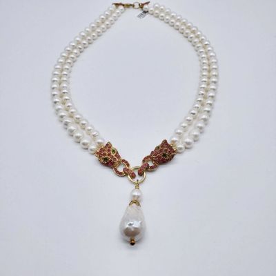 N29812 - Necklace - PRL - Pearls w/ Cat Ruby