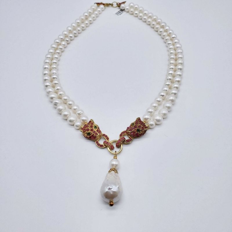 N29812 - Necklace - PRL - Pearls w/ Cat Ruby