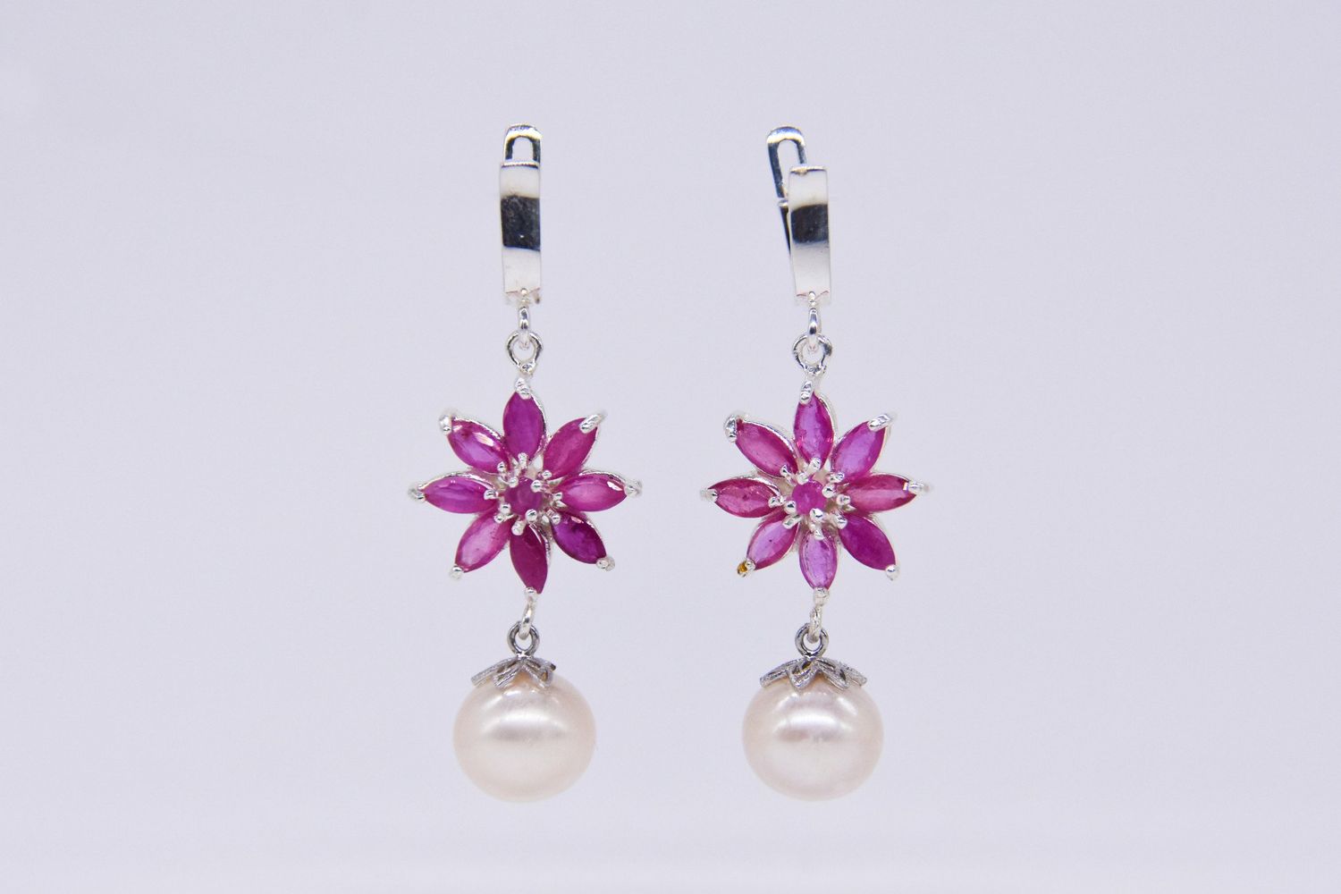 E12803 - Earrings PAJ - Ruby Flower w/Drop Pearl