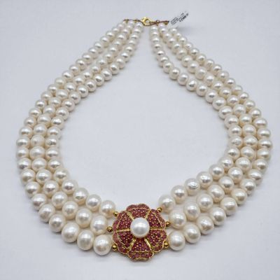 N29814 - Necklace - PRL - Triple Strand w/ Flower Ruby