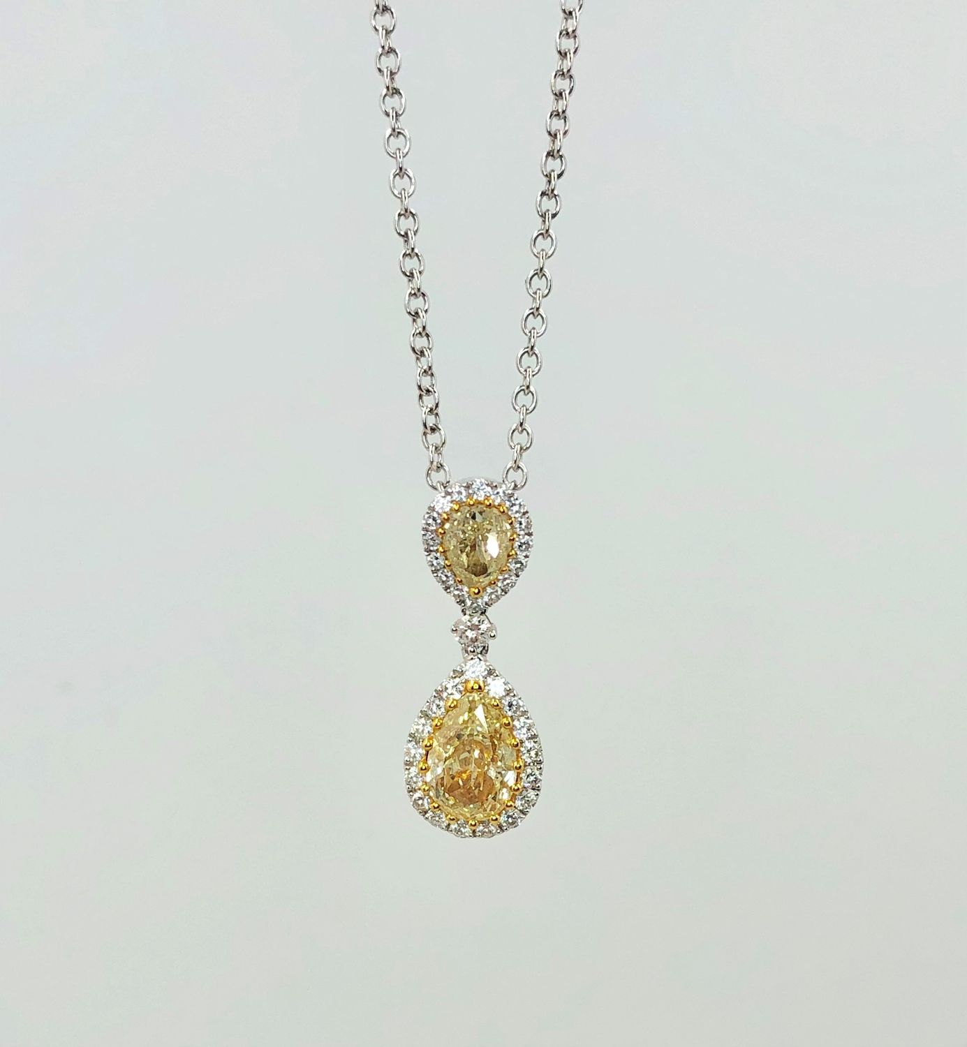 18K W/G Yellow Diamond Pear Necklace, YD: 1.40ct, Rd: 0.39ct
