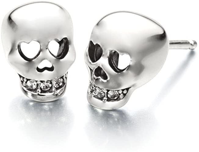 14K W/G Diamond Skull Stud Earrings with Heart Eyes, D: 0.06ct