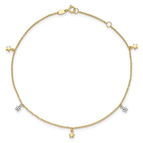 14K 2-tone Anklet with Dangling Stars, 9&quot; ext