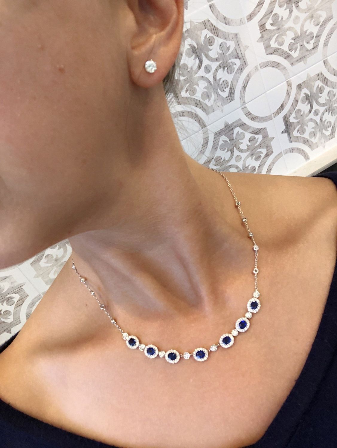 18K W/G Oval Sapphire &amp; Diamond Necklace