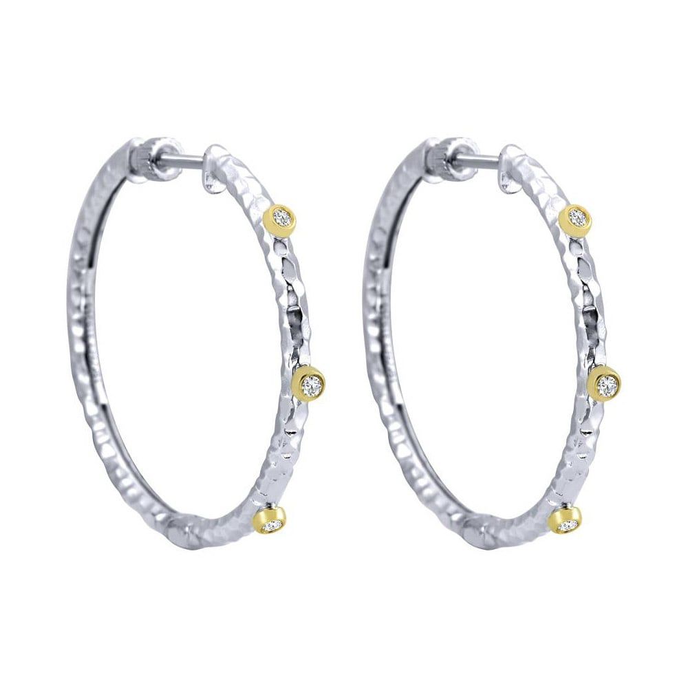 925 &amp; 18K Y/G Hammered Hoop Earrings, D: 0.07cts