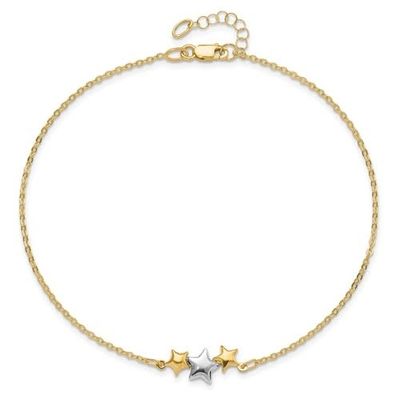 14K 2tone Triple Star anklet, 9.5&quot; ext