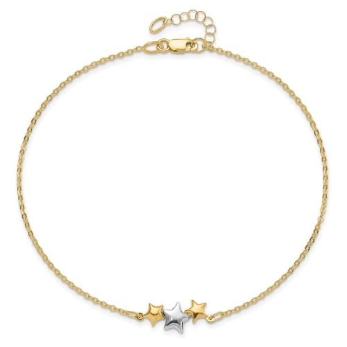 14K 2tone Triple Star anklet, 9.5&quot; ext