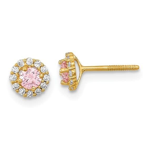 14K Y/G Pink and White Zirconia Halo Stud Earrings, Screw Backs
