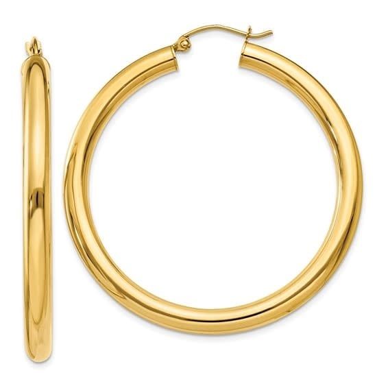 14K 4mm Lightweight Large Classic Tube Hoop Earrings, 1 3/4&quot;, 3.60dwts