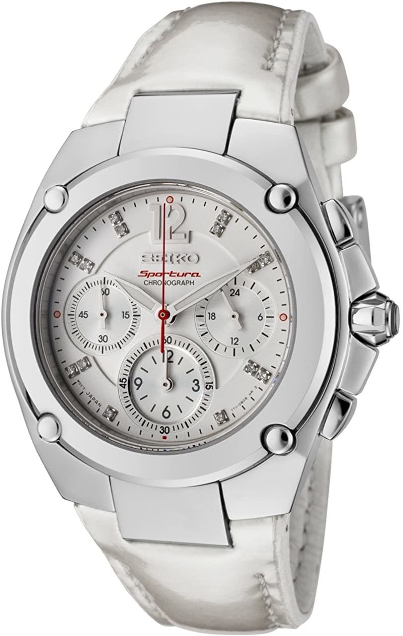 Seiko Lds Sportura Chronograph Diamond Dial White Leather Watch, 39mm