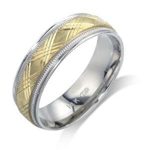 14K 2-tone Y/G &amp; W/G Band, X-design in center, 6.5mm