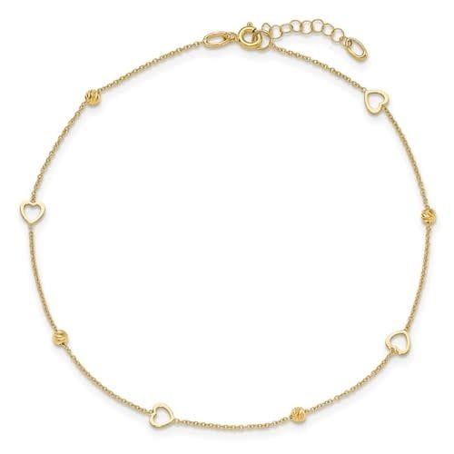 14K Y/G Light Weight Polished Heart Anklet, 10&quot; ext