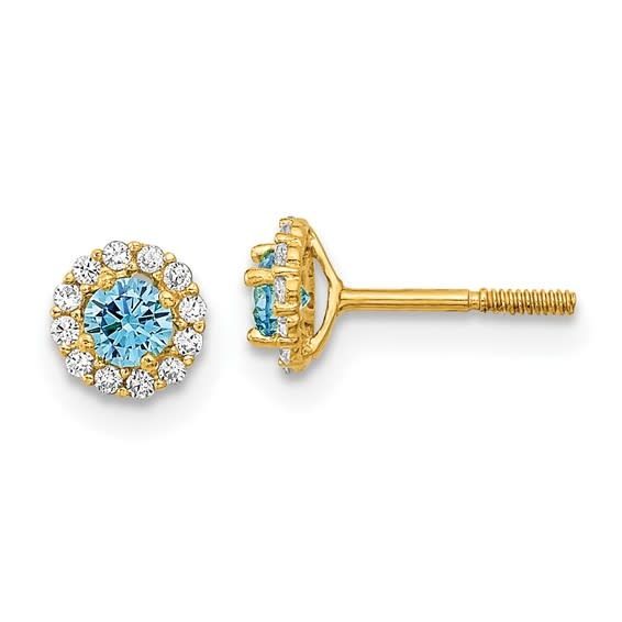 14K Y/G Blue and White Zirconia Halo Stud Earrings, Screw Backs