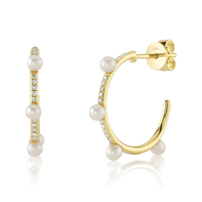 14K Y/G Diamond Cultured Pearl Hoop Earrings, D: 0.09ct, P: 3mm