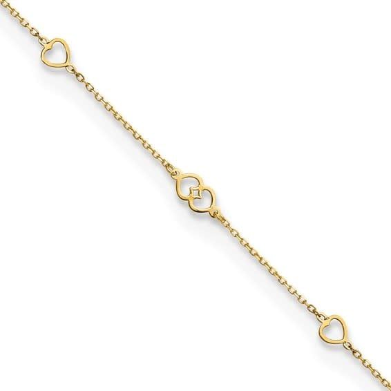 14K Y/G Polished Eternity Heart Anklet, 9 + ext