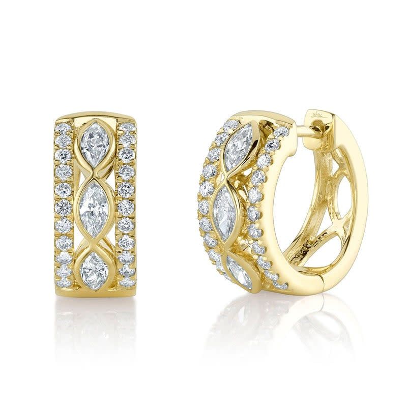 14K Y/G Diamond Marquise Bezel Huggie Earrings, D: 1.01ct