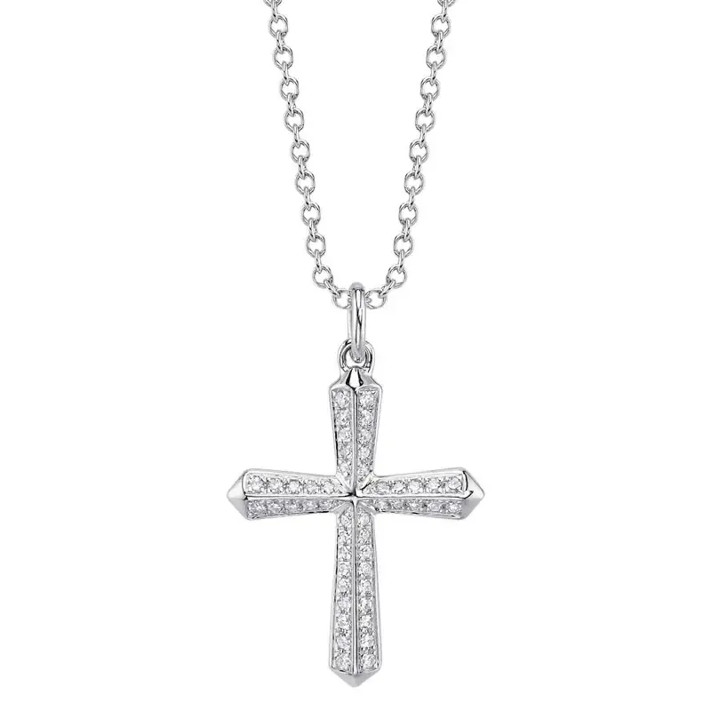 14K W/G Pave Diamond Cross, D: 0.11ct