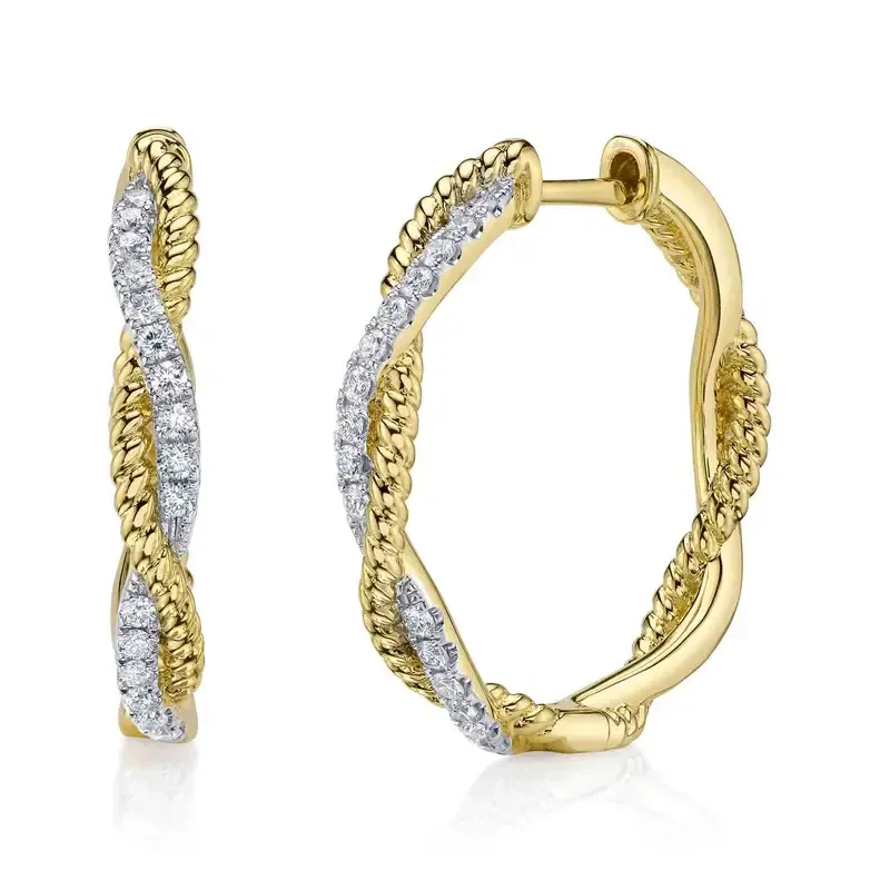 14K Y/G Twisted Rope Diamond Hoops, D: 0.42ct