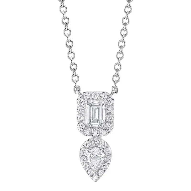 14K W/G Emerald and Pear Halo Drop Necklace, D: 0.75ct