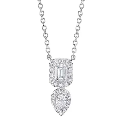 14K W/G Emerald and Pear Halo Drop Necklace, D: 0.75ct