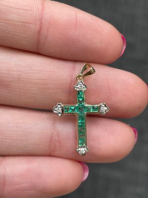 14K Y/G Emerald and Diamond Cross