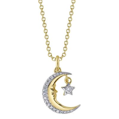 14K Y/G Diamond Crescent Moon &amp; Star Necklace, D: 0.07ct