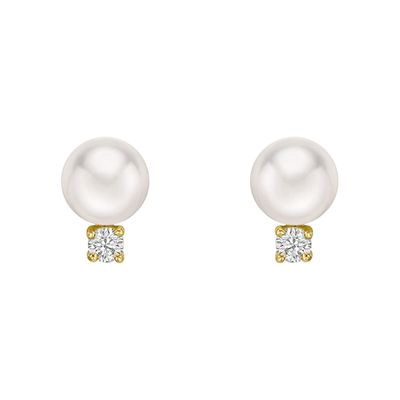 14K Y/G 8mm Pearl &amp; Diamond Stud Earrings, D: 0.14ct