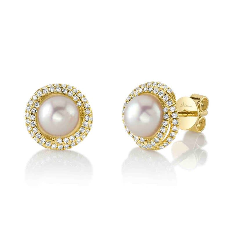 14K Y/G Pearl and Diamond Stud Earrings, P:6.5mm, D: 0.26ct